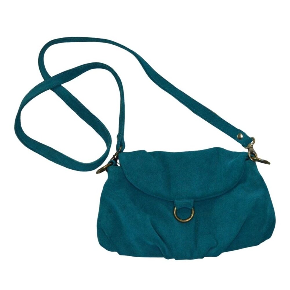 Henri Lou Teal Suede Crossbody Bag With Removable Strap & Gold Tone Hardware